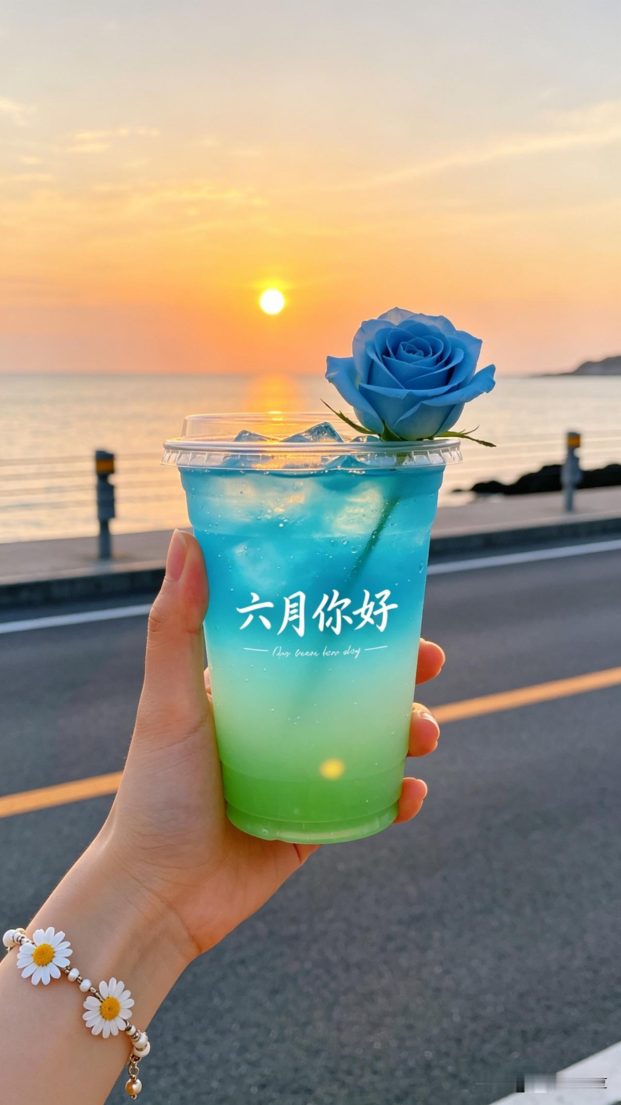 鹧鸪天·六月你好碧海斜阳染暮霞，冰蓝玉露沁心涯。青瓷杯里藏春色，一朵幽蓝胜