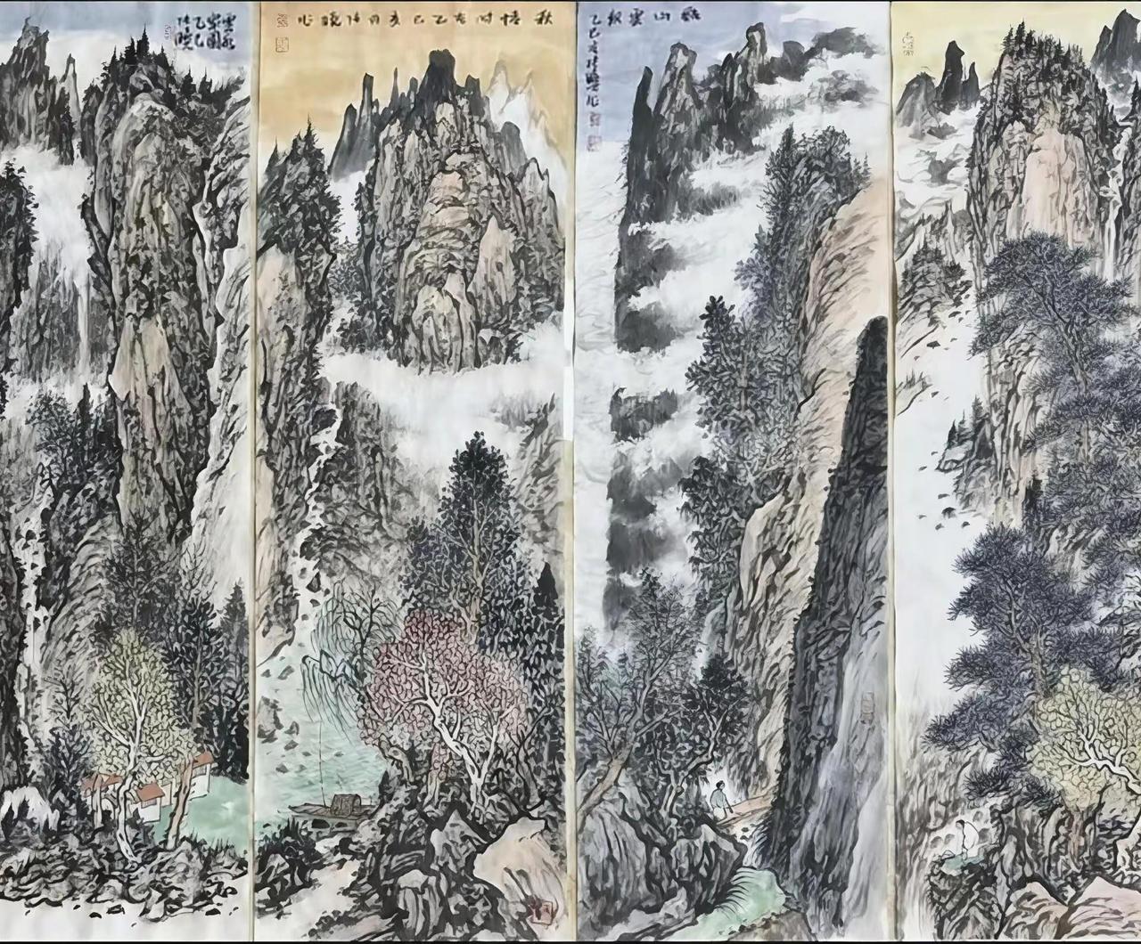 山水四条屏。水墨山水创作者中心创作灵感水墨四屏山水写意
