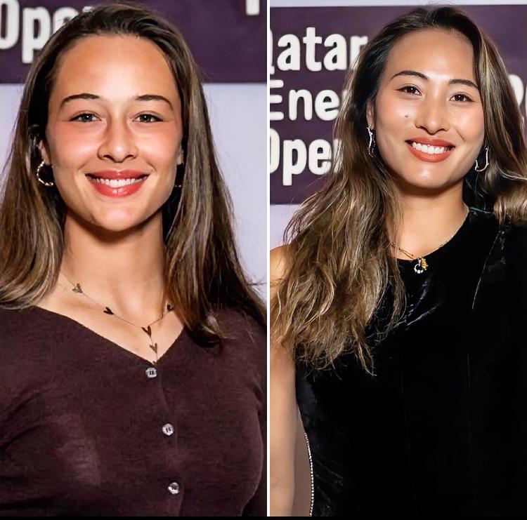 神似姐妹的俩人！！森梅兹和郑钦文参加WTA1000赛多哈站球员晚宴的照片，乍一