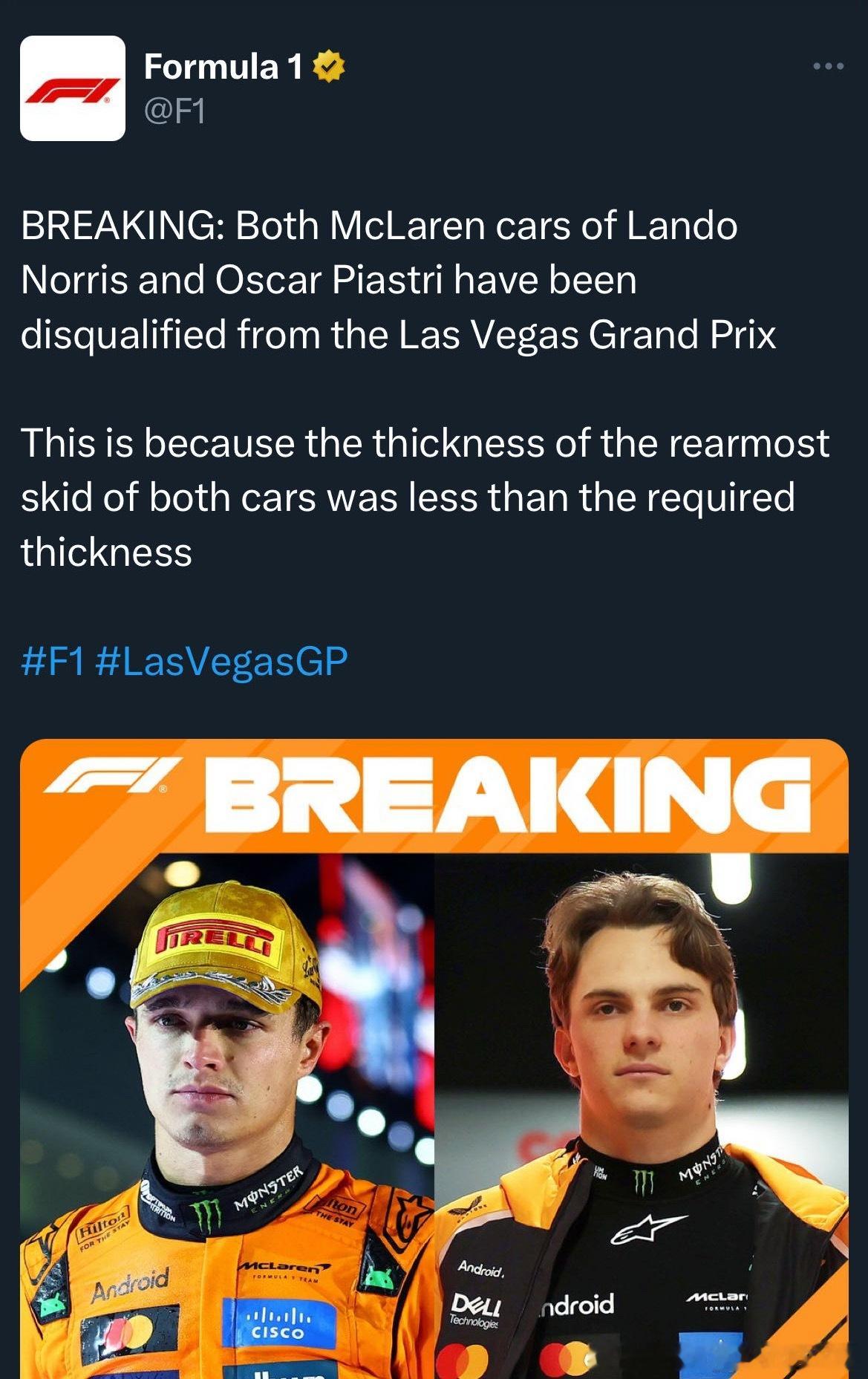 刚看到….迈凯伦玩砸了….怪不得诺里斯最后松油了…双车DSQ….这不窝法剧本重现