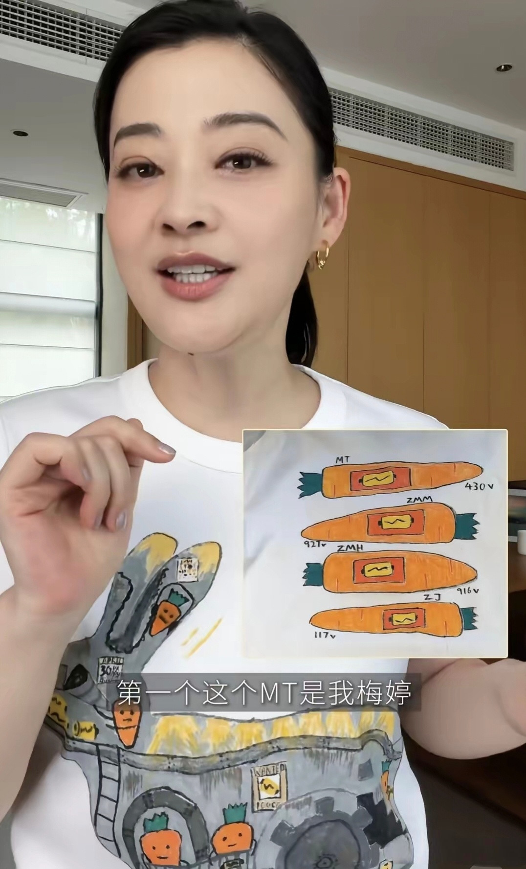 梅婷晒生日礼物，老公曾剑带着一儿一女亲手为她Diy一件兔子T恤，背后4个胡萝卜上