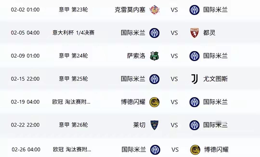 继续魔鬼起来！国际米兰刚走出1月份8场比赛（6意甲+2欧冠）的魔鬼赛程，立马又迎
