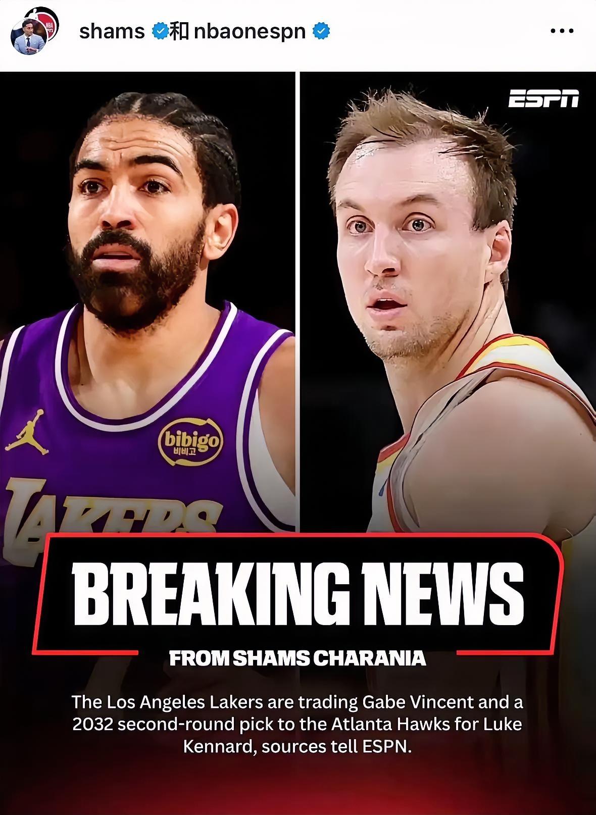 湖人争冠无望没有拿下心心念念的维金斯，却换来了肯纳德，一个三分命中率超45%的