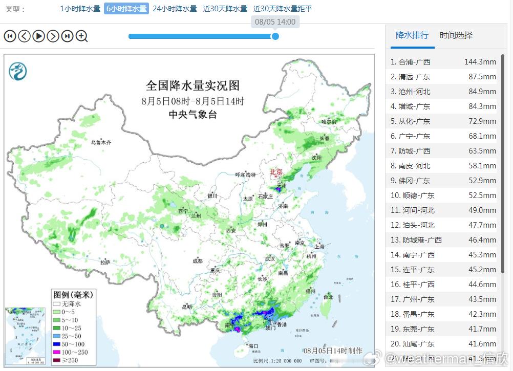 【强降雨和强对流】今天08-14时，依然是南北两条雨带，因此广西广东河北的站点，