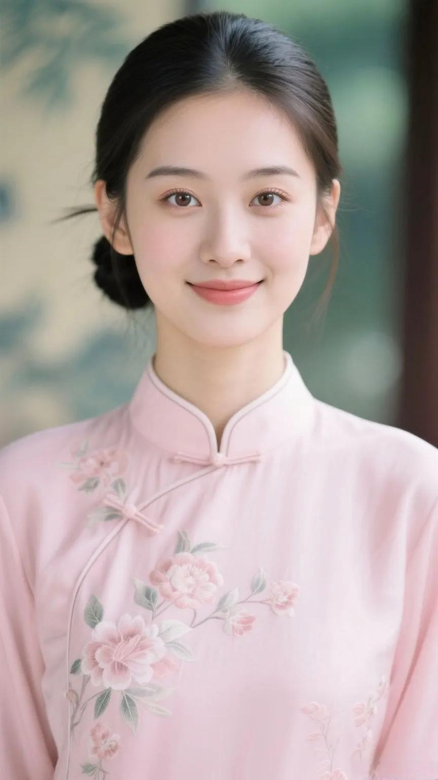 温柔粉裙少女，笑靥如花，清新自然。