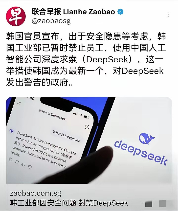 韩国宣布封禁DeepSeeK，再一次证明了自己不仅是小偷，还又怂又贱！韩国紧跟美