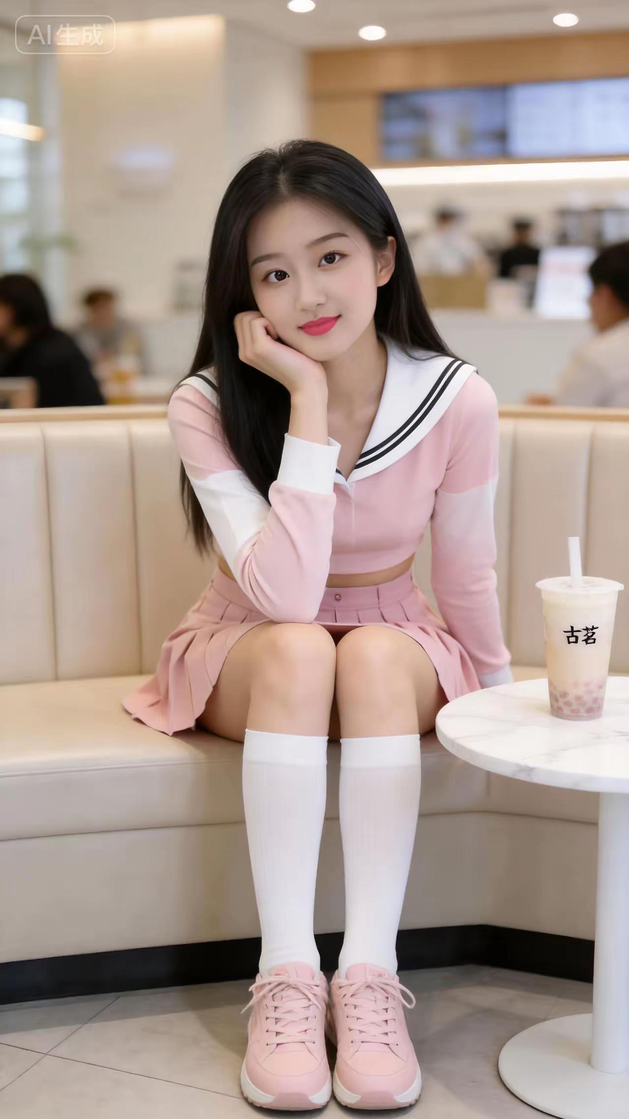 少女心满满！粉嫩校服风，咖啡馆里的甜美瞬间