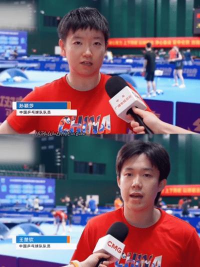 莎莎和楚钦穿着红色T恤接受采访，这抹红色是最美的。4.11日，体坛晨报报道了