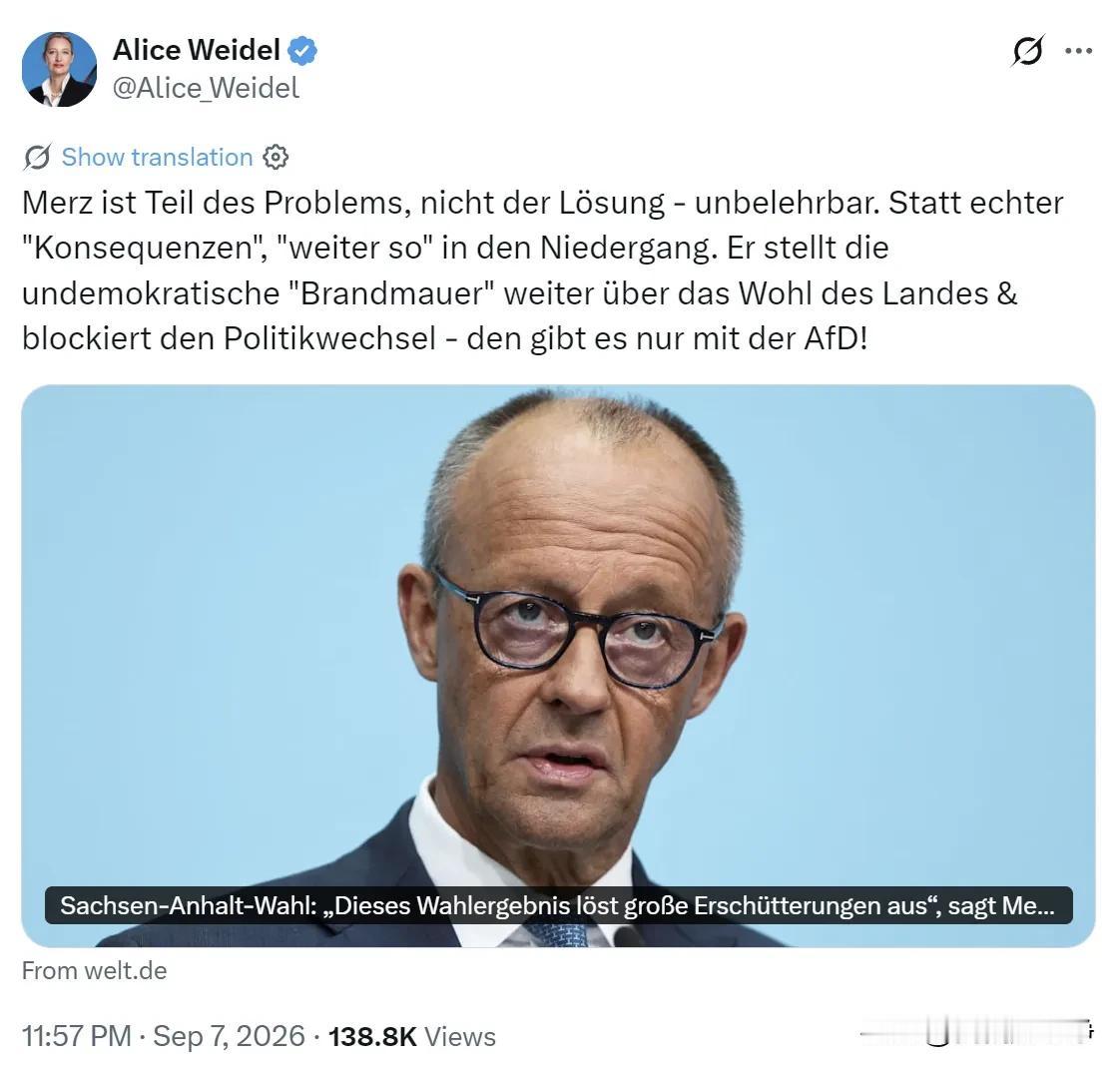 魏德尔骂的真的是够狠，他直接把德国政坛上的皇帝新装给撕破了魏德尔指出，默茨本身