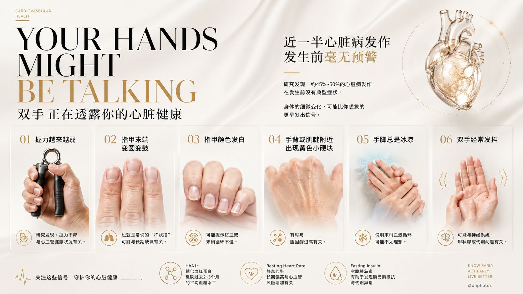 研究发现近一半的心脏病发作发生前，没有任何明显症状。但你的双手，可能早已透露出心