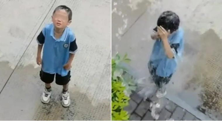 这教育方式！妈妈让儿子站到楼下，当着面往他身上泼水。只因为男孩在学校三楼，多次往