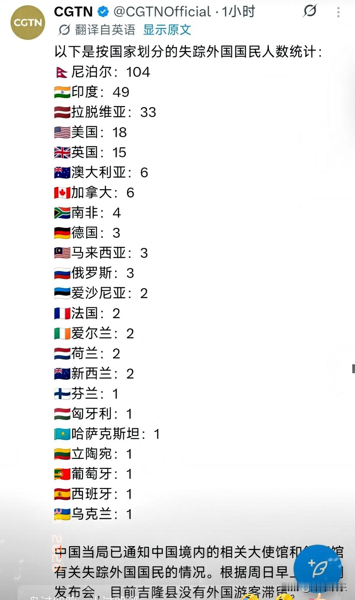 8月30日，据CGTN公开通报，此次灾害共排查出261名失联外籍人员，足足覆盖全