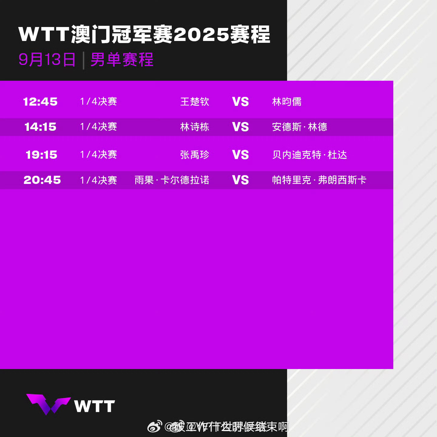📢WTT澳门冠军赛13日赛程📍【2025WTT澳门冠军赛】1/4决赛🏓