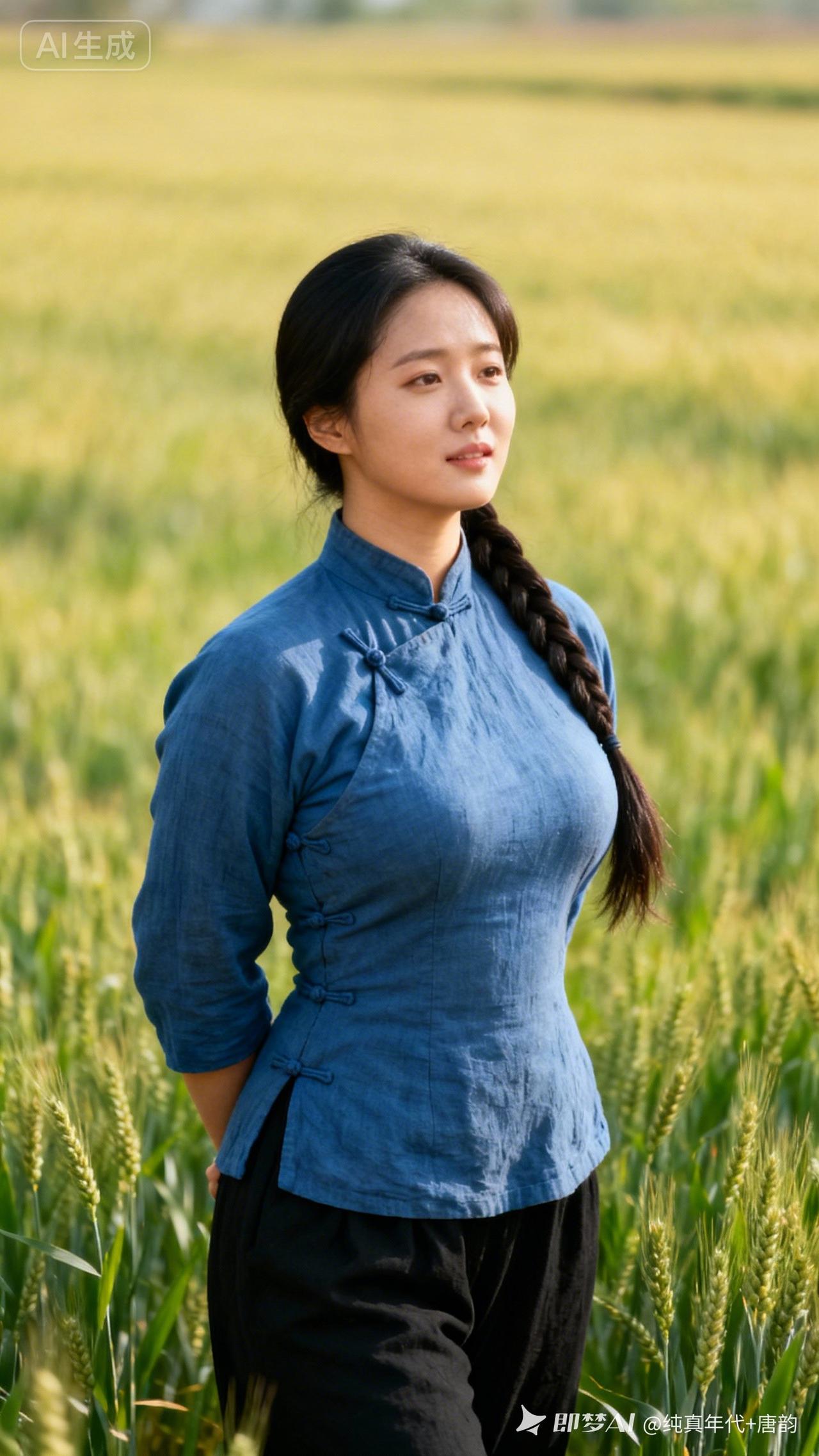 田野中的少女，蓝衣飘飘，恬静如画。