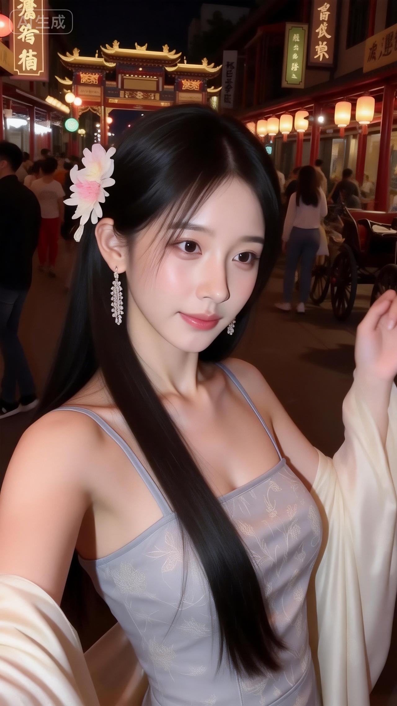 古巷夜色里的国风甜妹灰调吊带衬着暗纹，轻纱外搭添了点柔媚~发间花饰配水晶耳