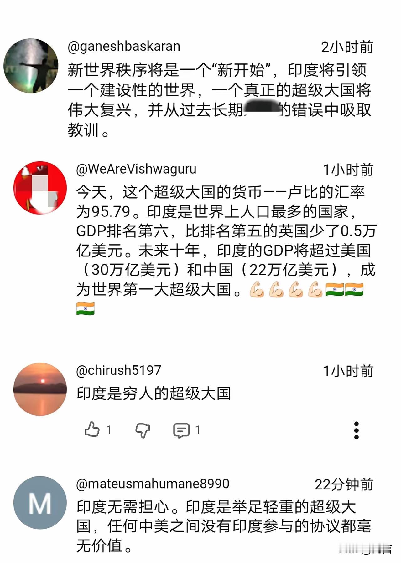 印度学者及网友自我定位为举足轻重的超级大国，认为中美俄、欧盟看似强大实则存有诸多
