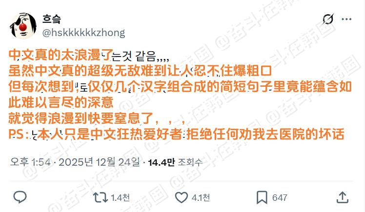 韩国的中文狂热爱好者：中文实在是太浪漫了韩国汉字文化对中文的理解老外也懂中文