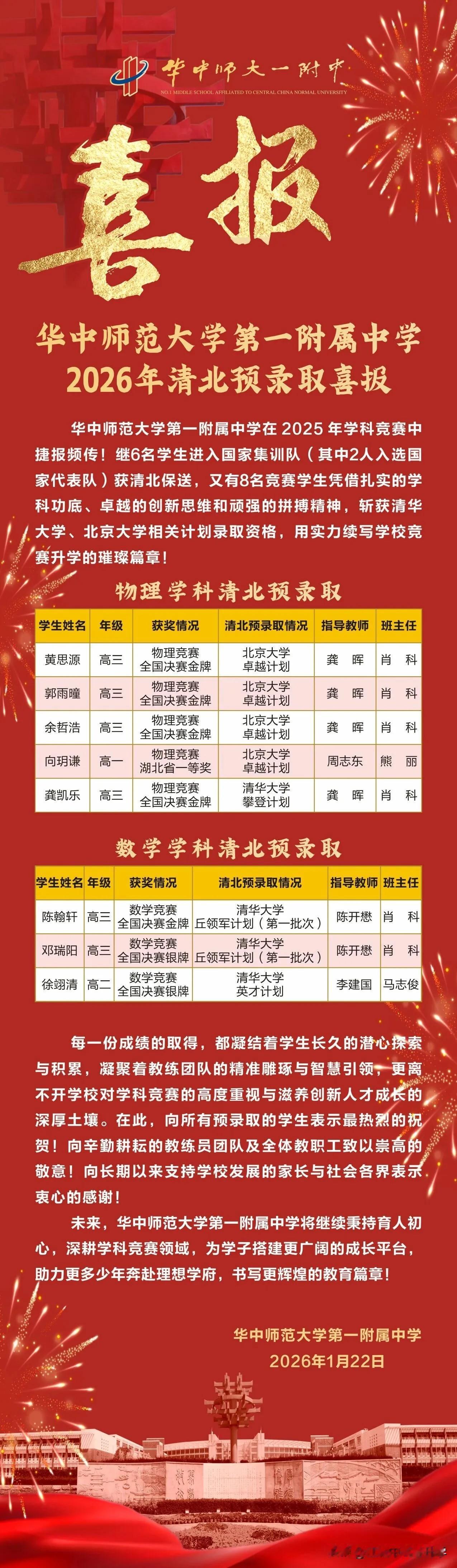 华中师大一附中发布喜报，数学、物理竞赛结硕果，共有8人被清北预录取！其中物理