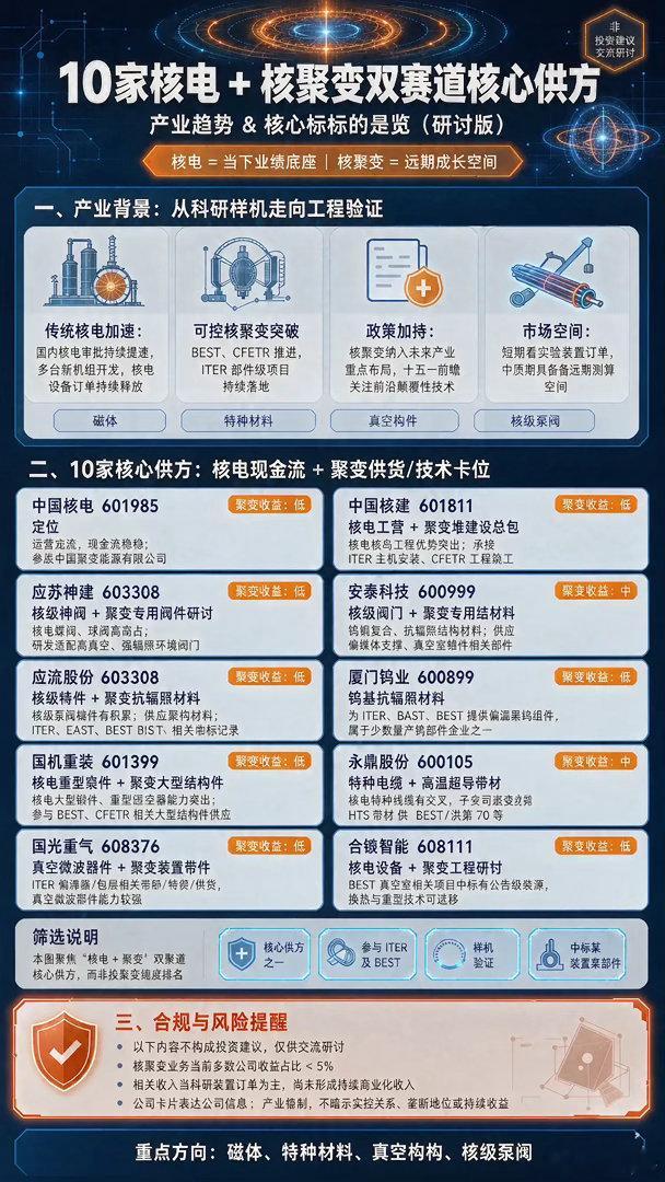 10家核电+聚变双赛道核心供方（研讨版）五条背景里："核电审批持续提速、多台新