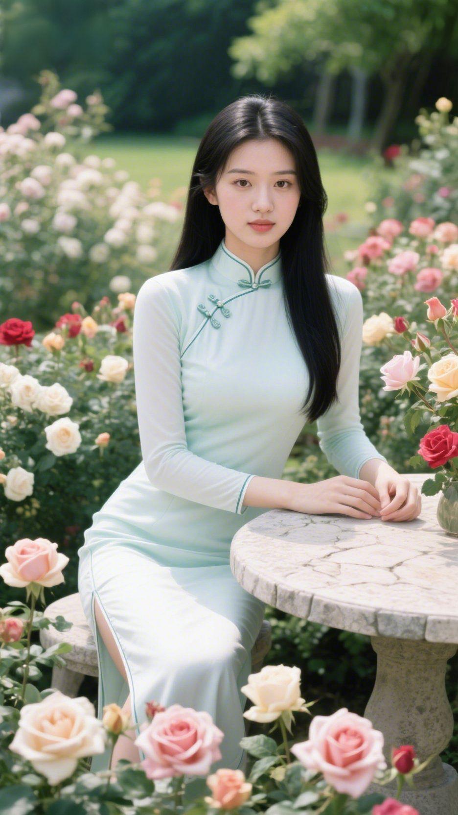 《青衫伴花晨》晨光漫过花篱时，浅青瓷色的裙装沾了玫瑰的清芬。襟口的盘扣似浸了露