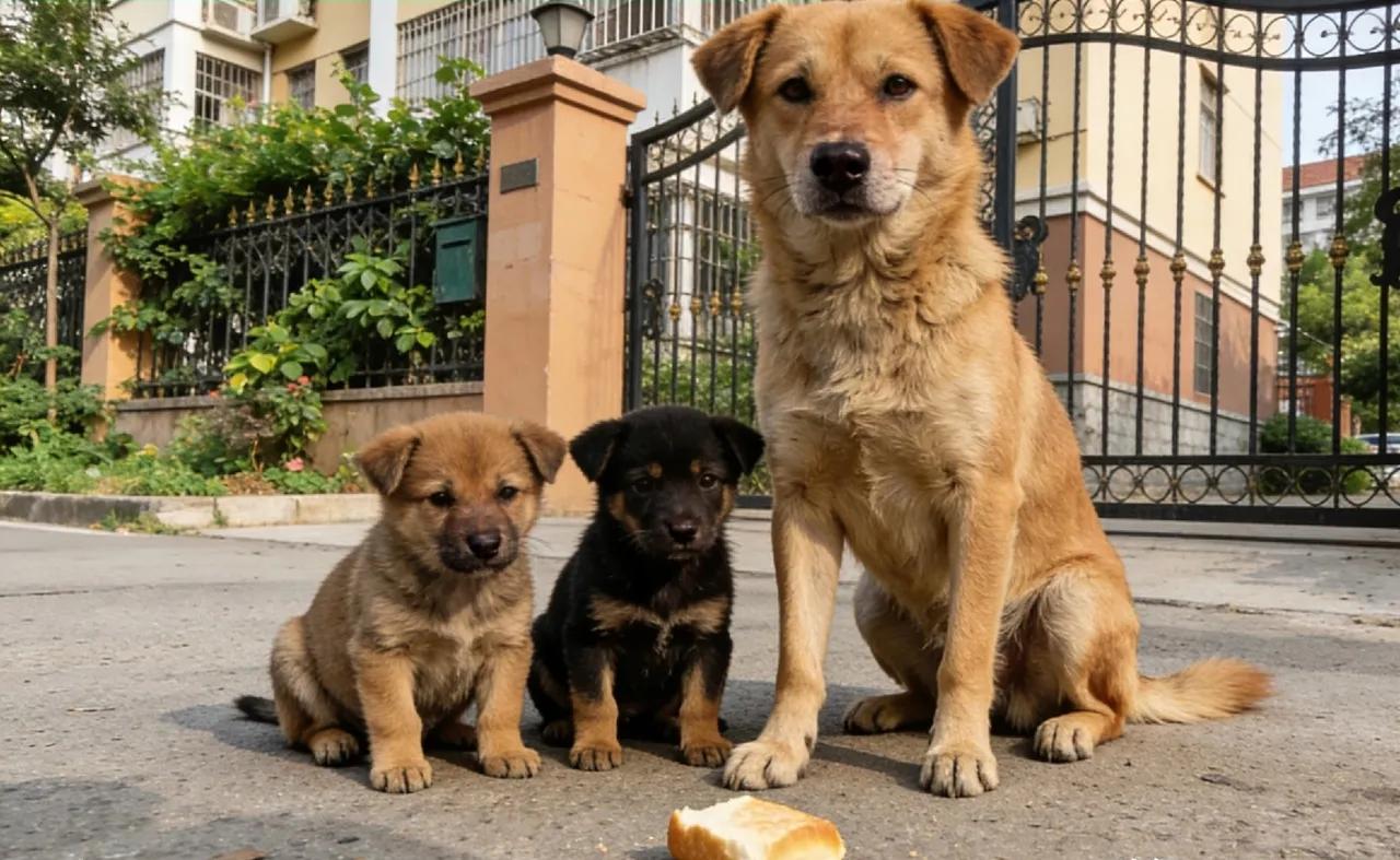 流浪狗妈妈带着孩子乞讨，奶奶的面包掉到地上，没经奶奶同意，流浪狗没有去抢，奶奶说