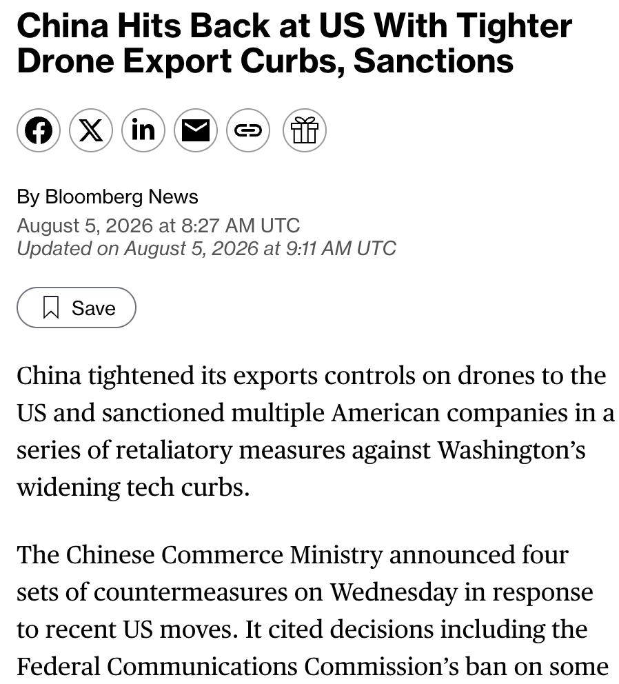 外媒：中国对美国收紧无人机出口管制并实施制裁。中国商务部8月5日宣布四项反制