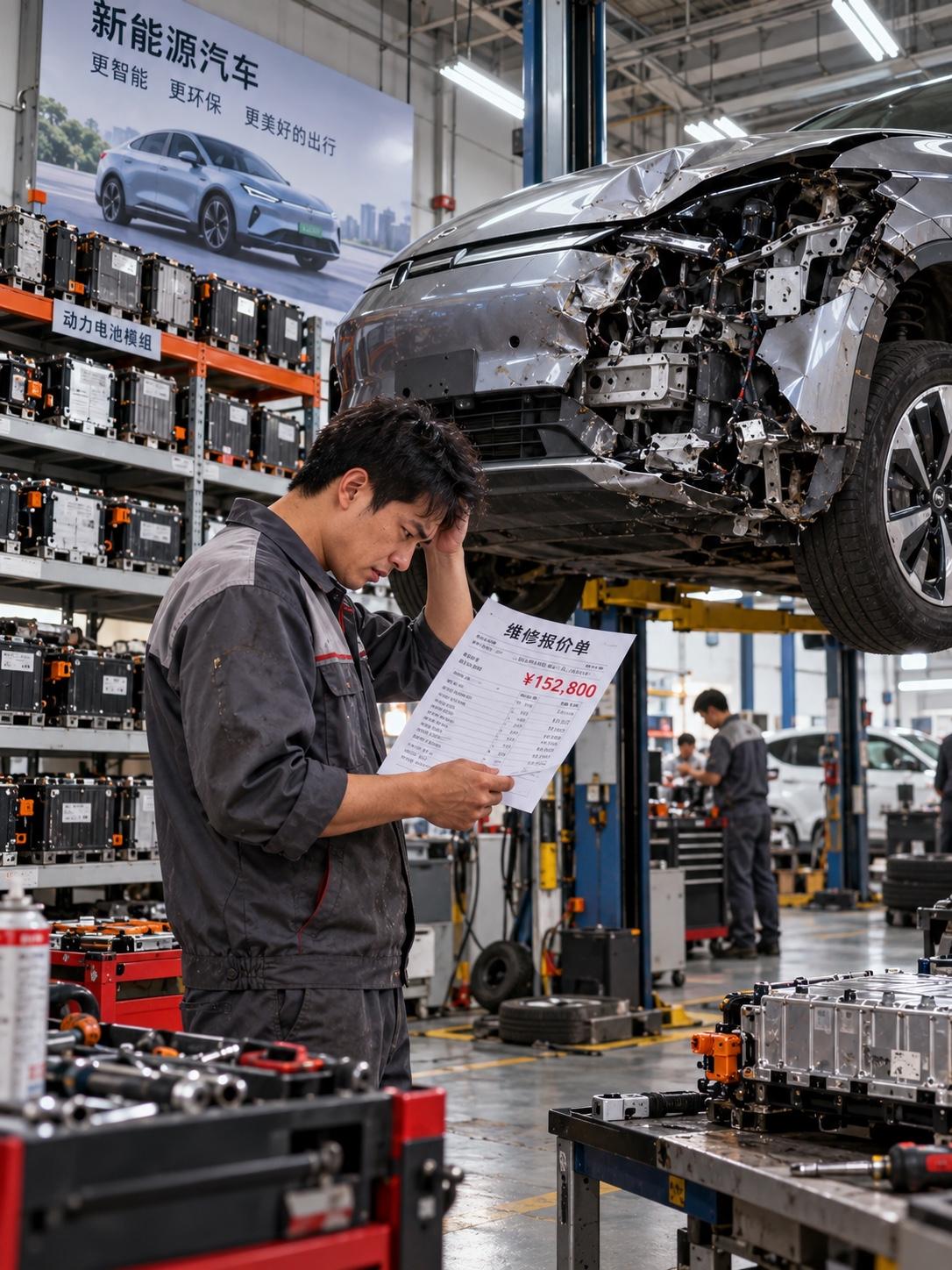 15万买的电车，修一下报价13万，我人傻了同事老周上个月追尾了，车头撞得不轻