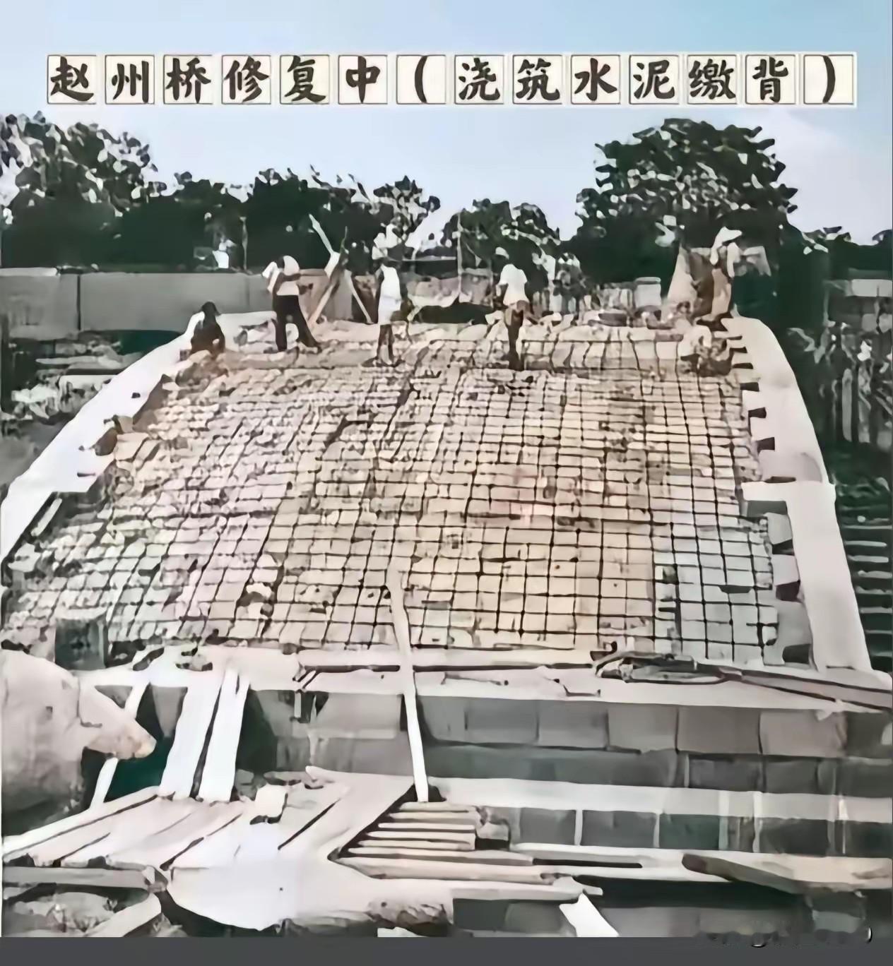 翻出1956年赵州桥大修的老照片，看着工人们往石缝里浇筑水泥，心情很复杂。这座始