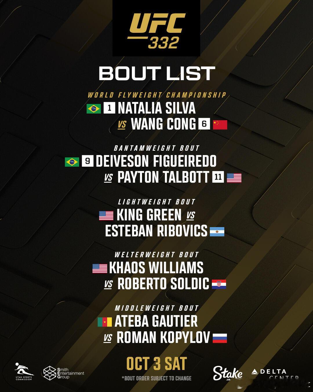 UFC王聪UFC冲冠UFC332，10月3日盐湖城，王聪头条主赛对阵娜塔