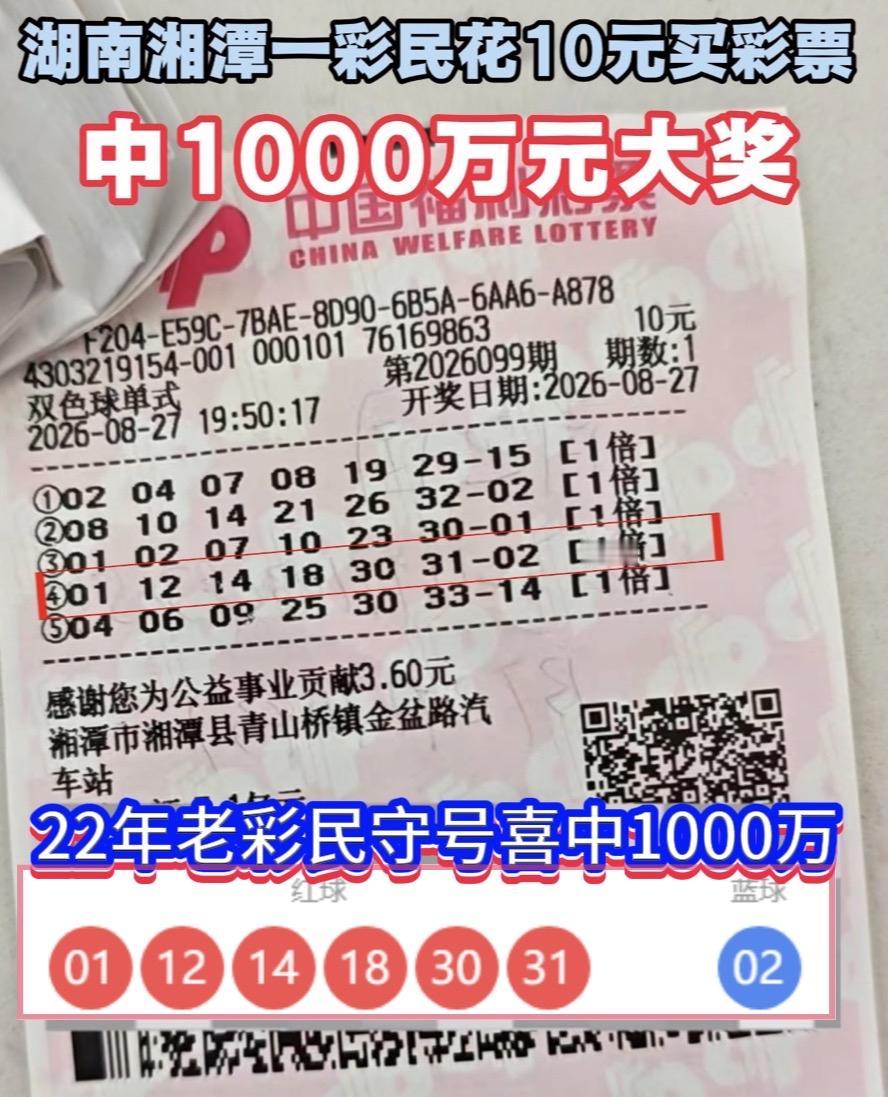 坚守22年终圆梦！湖南彩民10元守号斩获千万大奖。双色球26099期一共开出