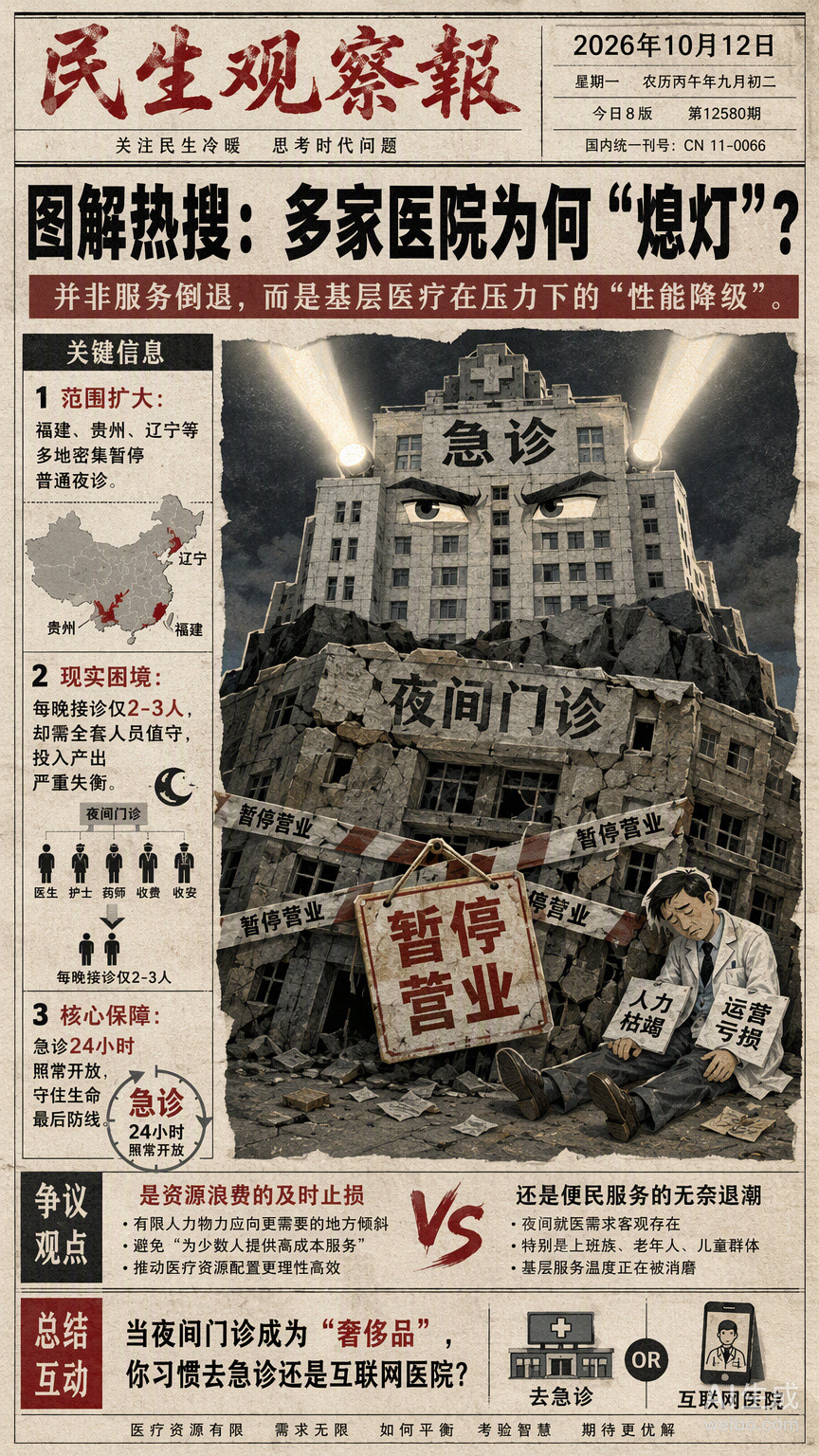 #多家医院暂停夜间门诊#在人力枯竭与运营亏损的双重压力下，医院不得不关掉那些每晚只接诊两三人、却需要