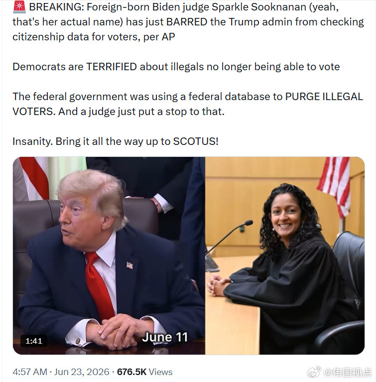 出生于外国的拜灯任命法官斯帕克尔·苏克纳南刚刚禁止特朗普政府核查选民的公民身份数