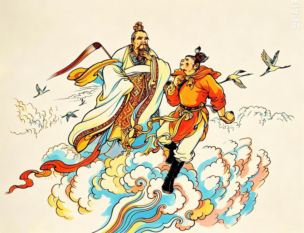 西游记连环画：这位老神仙是谁？他与孙悟空一起脚踏祥云，飞行在天地之间。这是二