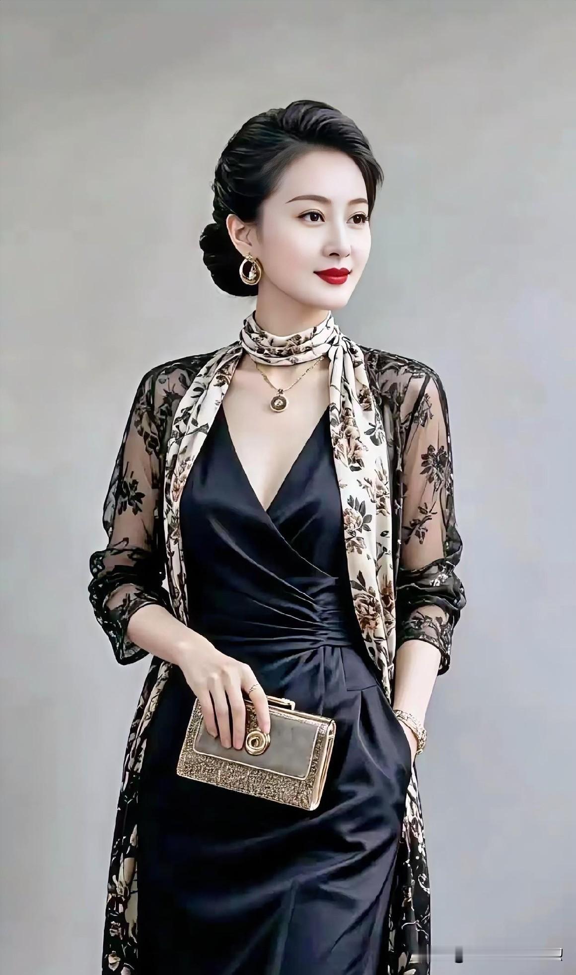 墨色长裙勾勒曼妙身姿，碎花薄纱轻披肩头。红唇点缀，金饰生辉，复古风情与东方雅致交