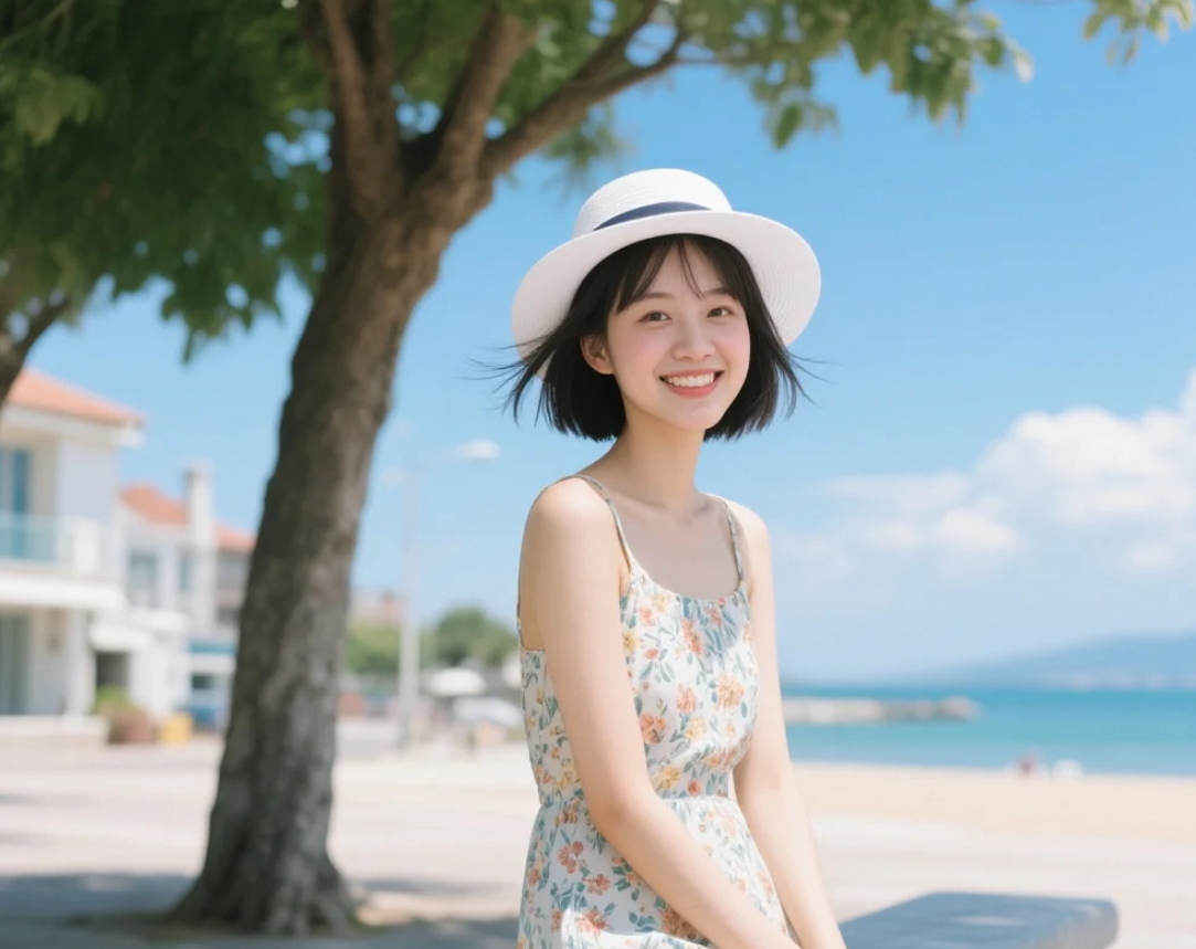 她穿着连衣裙，像初夏的第一阵凉风