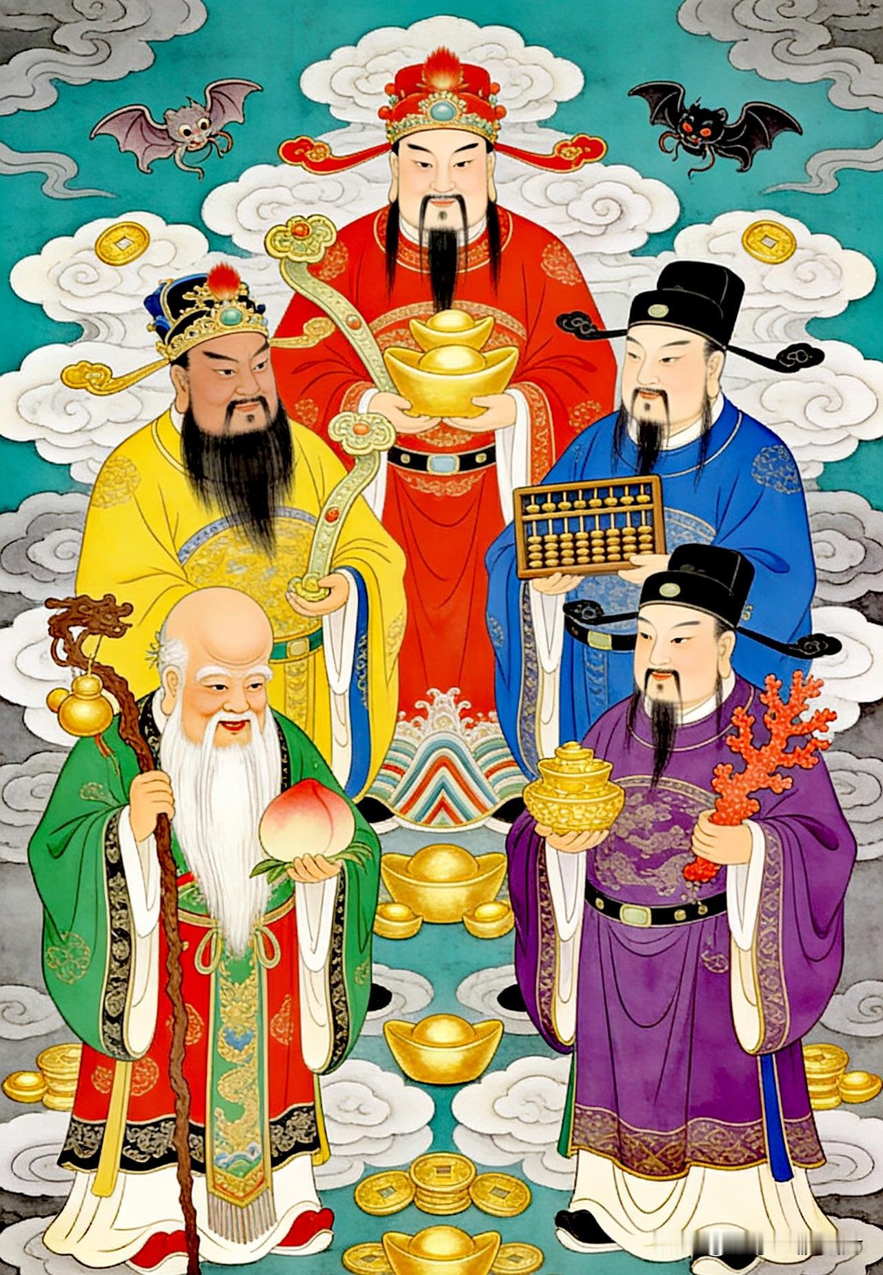 五路财神齐临门，八方瑞气聚盈庭；千祥云集财运旺，万事顺遂福满门。