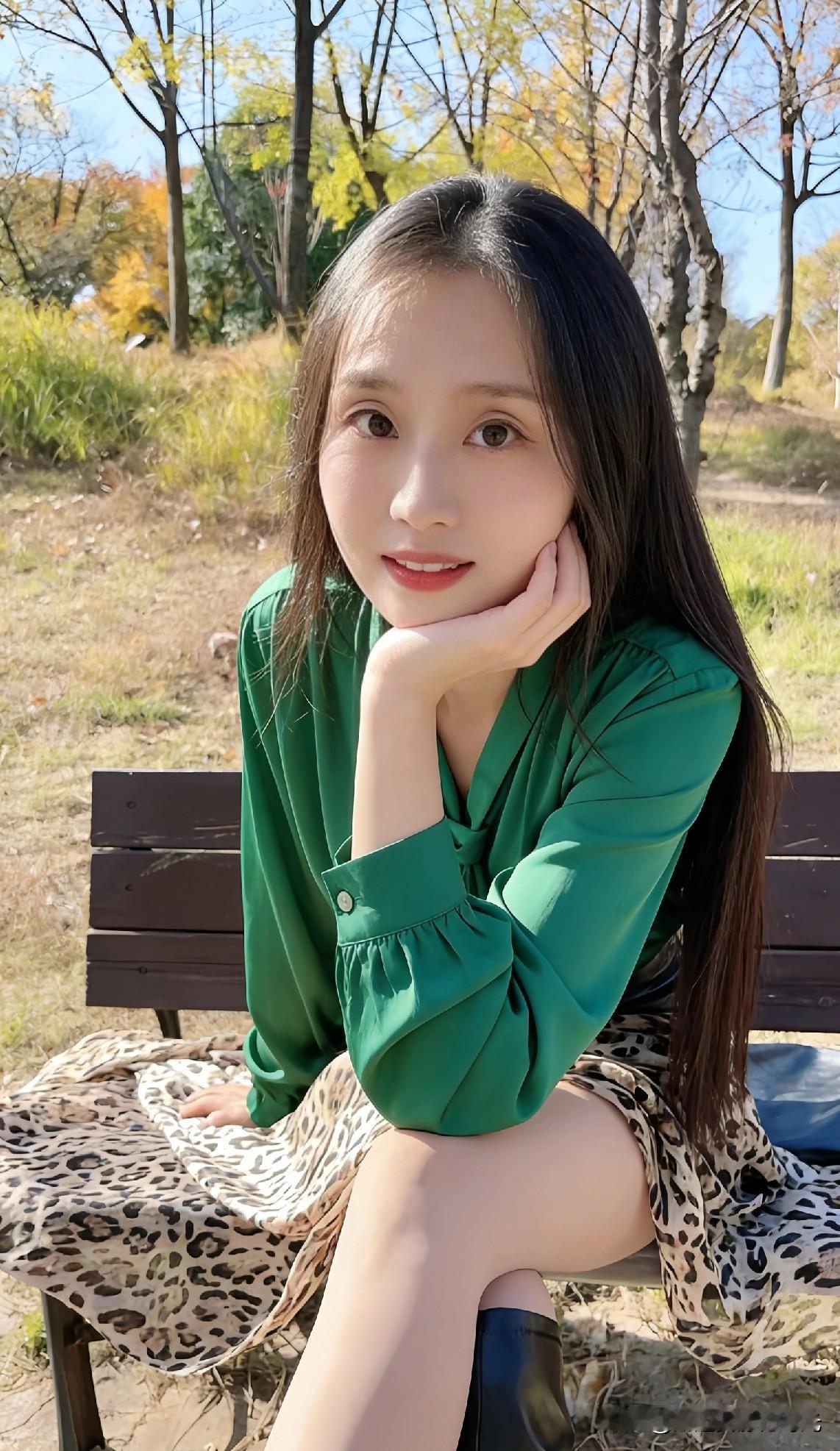 秋日暖阳下，绿衣少女倚长椅，静享时光。