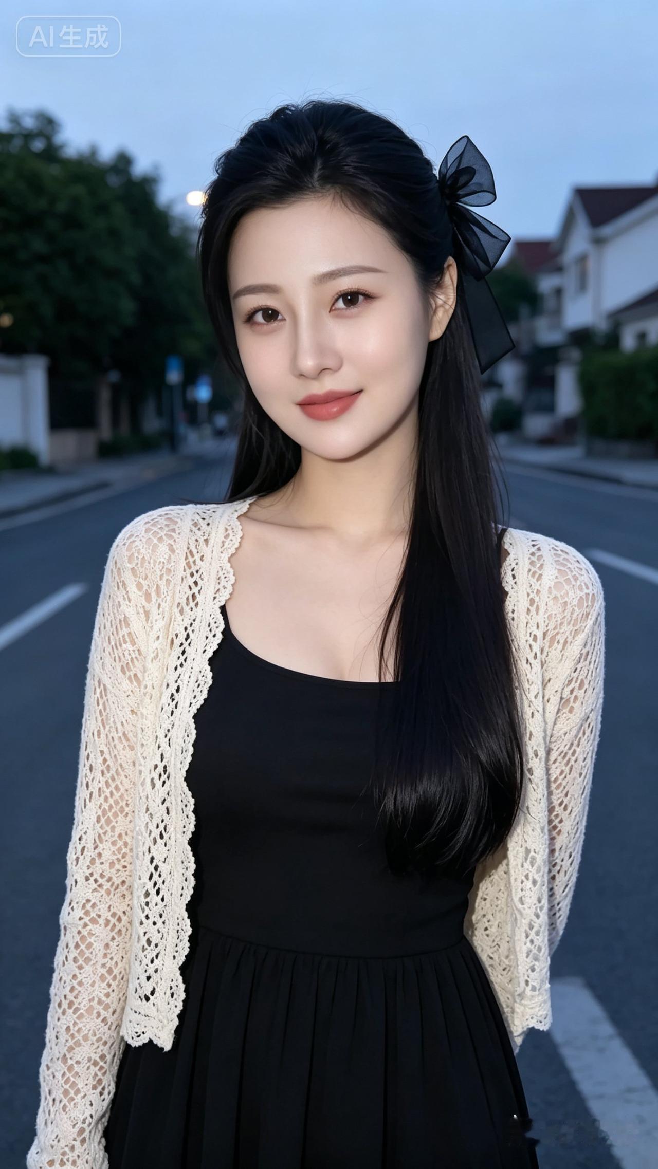 甜美少女风，黑发蝴蝶结，蕾丝开衫，微笑动人