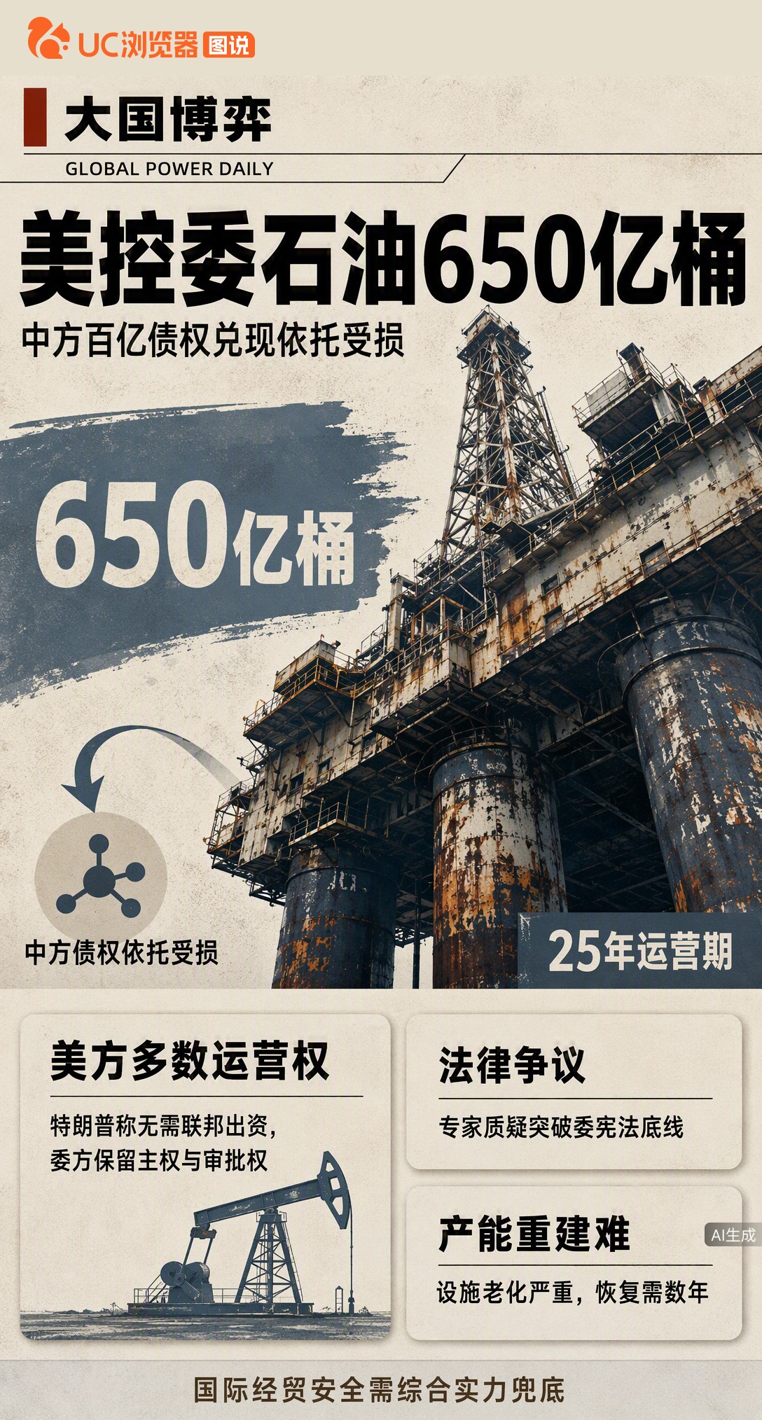 特朗普称拿下委内瑞拉650亿桶石油且无需联邦出资，但专家质疑协议难落地。中方约百亿美元债权因油田易主