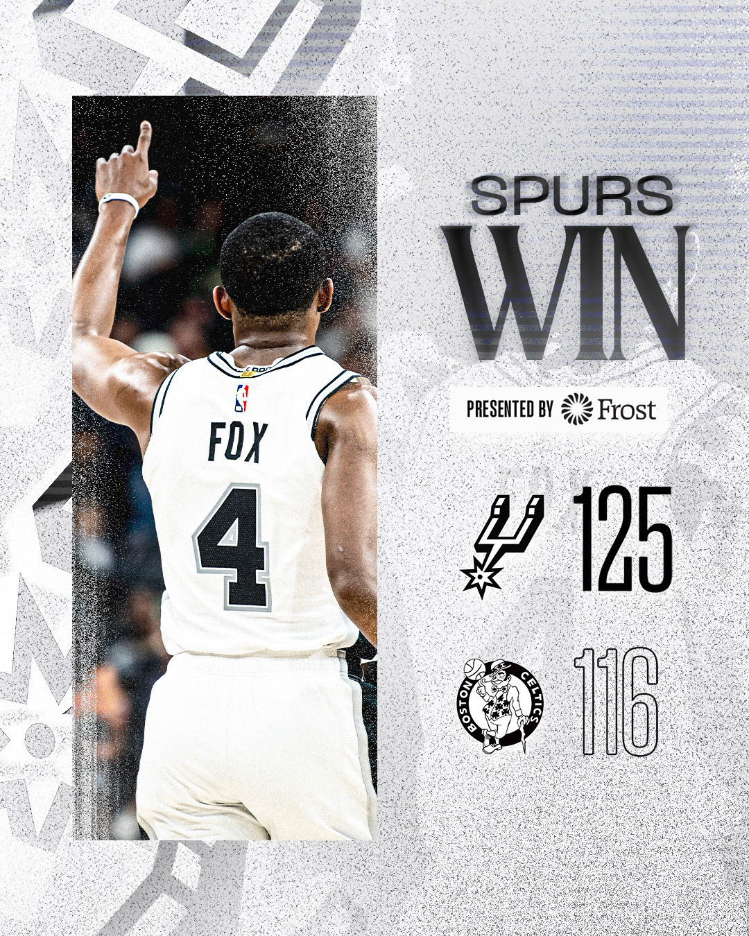 全场比赛结束！马刺主场125-116击败凯尔特人，拿下5连胜！🎉马刺（48-1