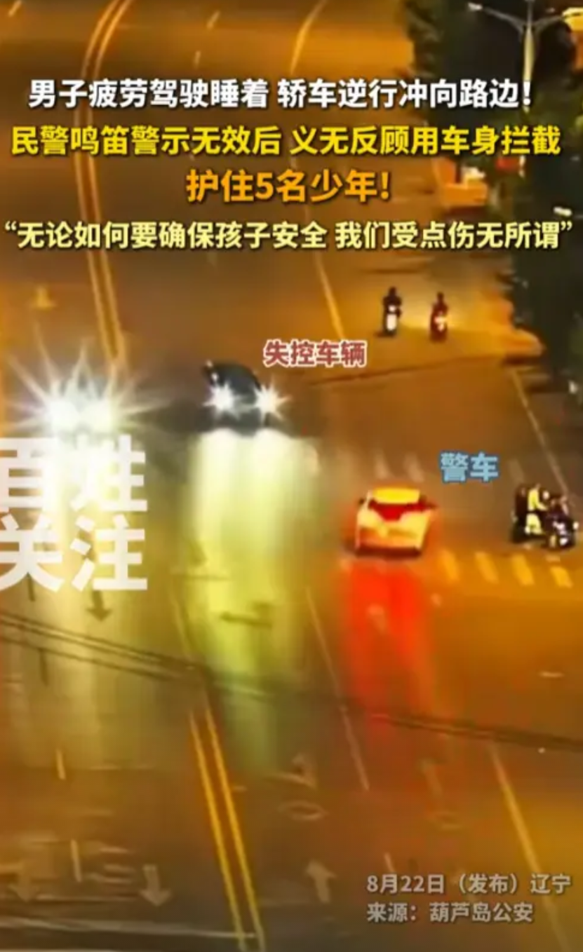 “这个警察火了！”8月17日，辽宁，一男子开着车睡着，轿车高速逆行，直冲路边的5