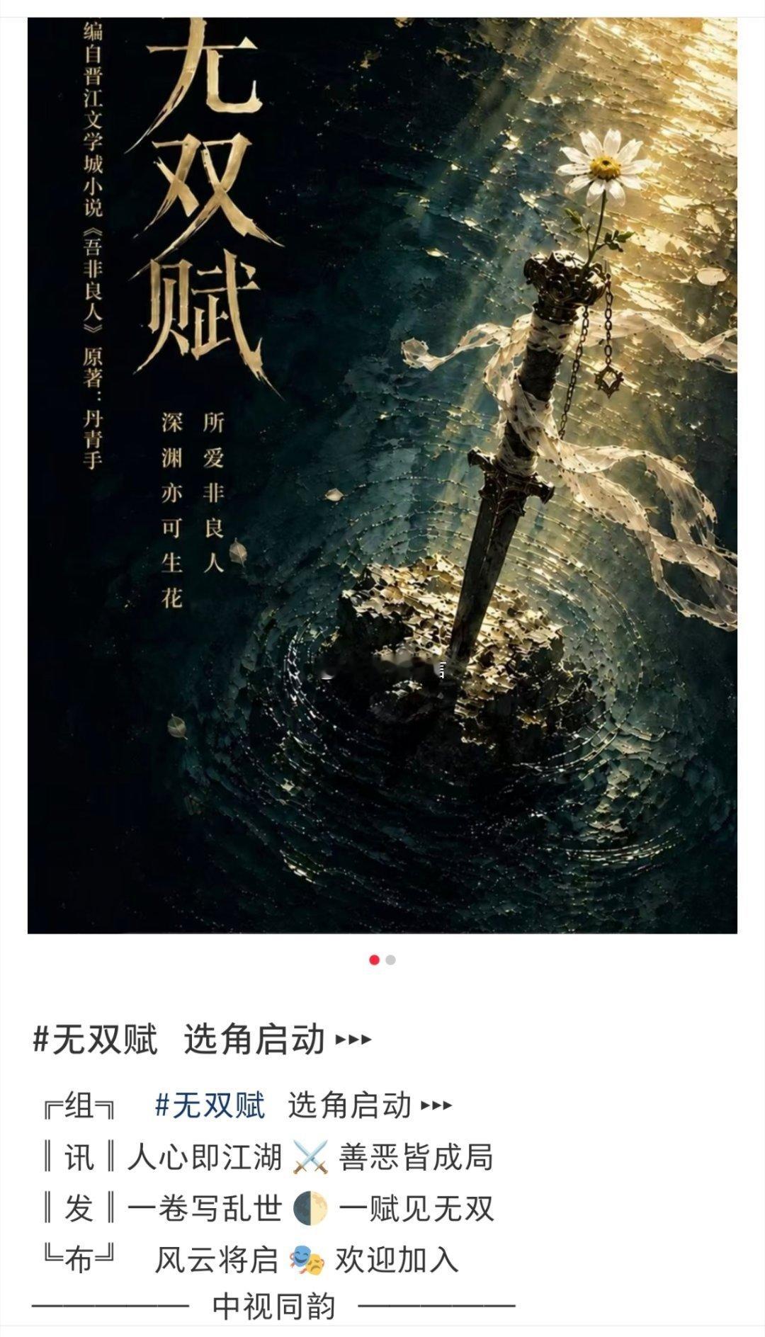 🍉中视同成大制作项目，网剧题材《无双赋》项目启动状态，拟定邀请优质艺人加盟。主