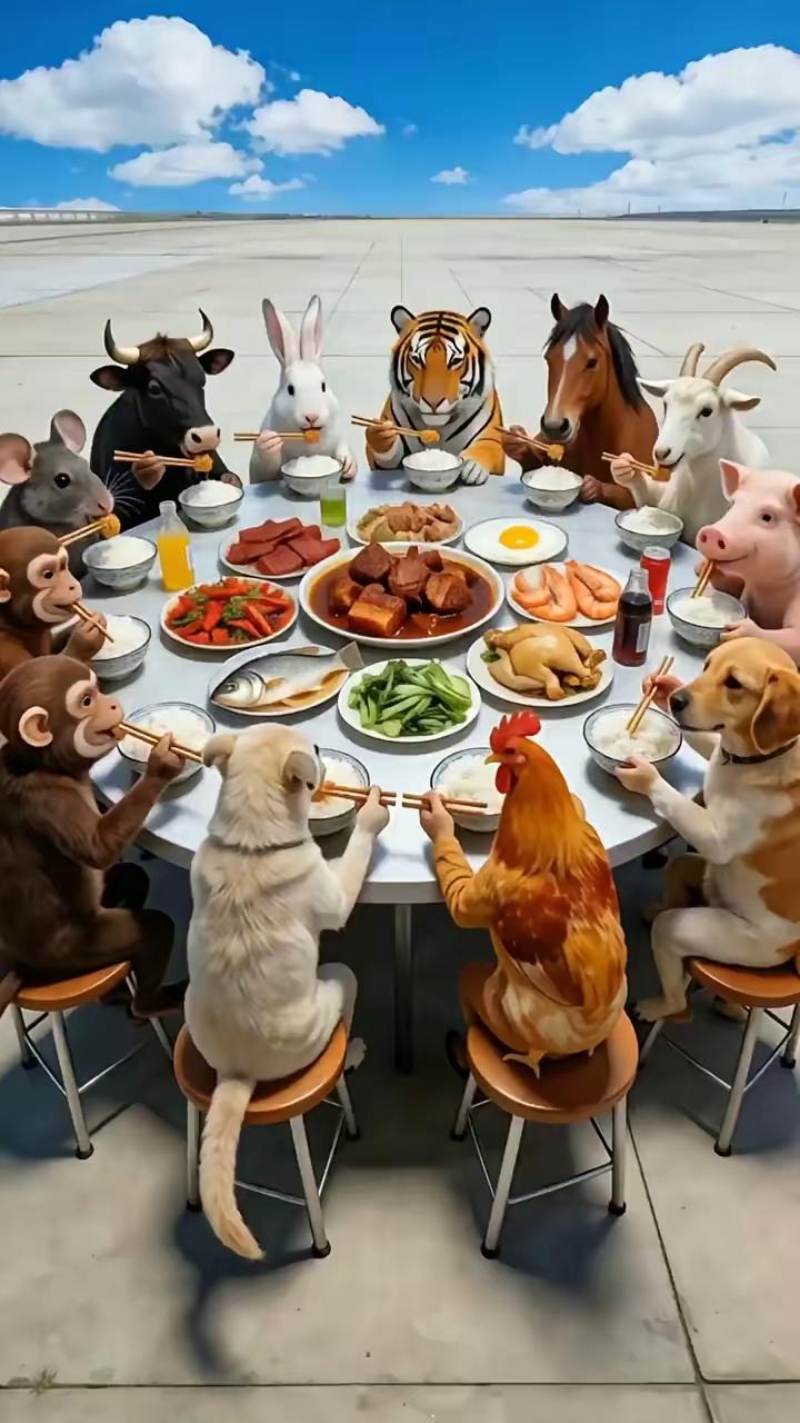 动物聚餐🌷🌷🌷有红烧肉、有牛肉、有那个是白斩鸡还是鸭滴？！……唉，就