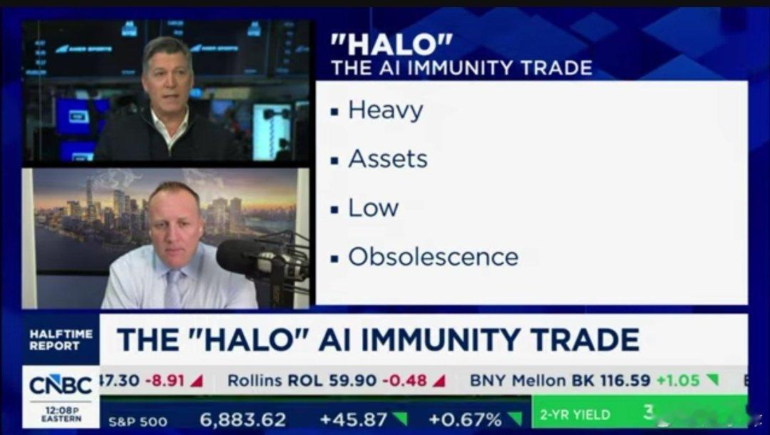 最近HALO股火了。大摩和高盛都在提，华尔街在跟进，防止选股被AI秒杀，像软件股