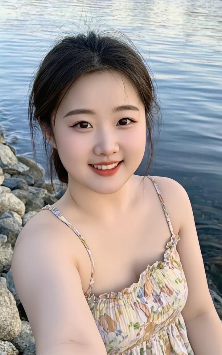 七律·江畔丽影江畔娇姿映晚阳，碎花裙浅溢清香。青丝微乱添灵动，笑靥轻开绽暖芒