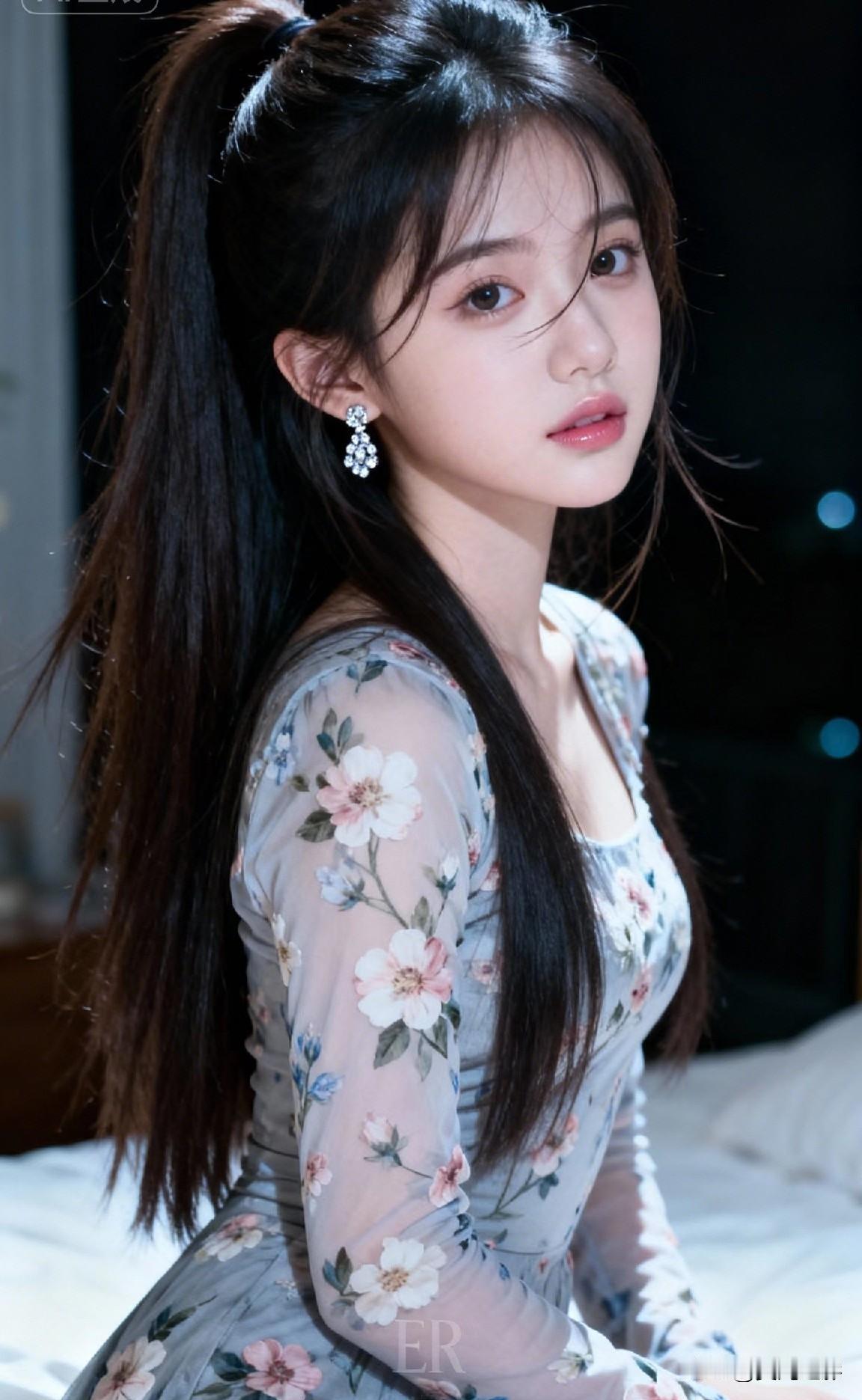 光之影花影摇曳，美人如画。粉裙花影