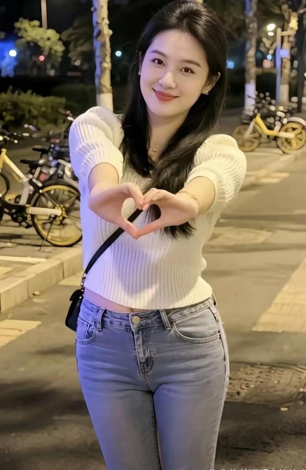 夜晚街头的甜美笑容，心形的温暖瞬间