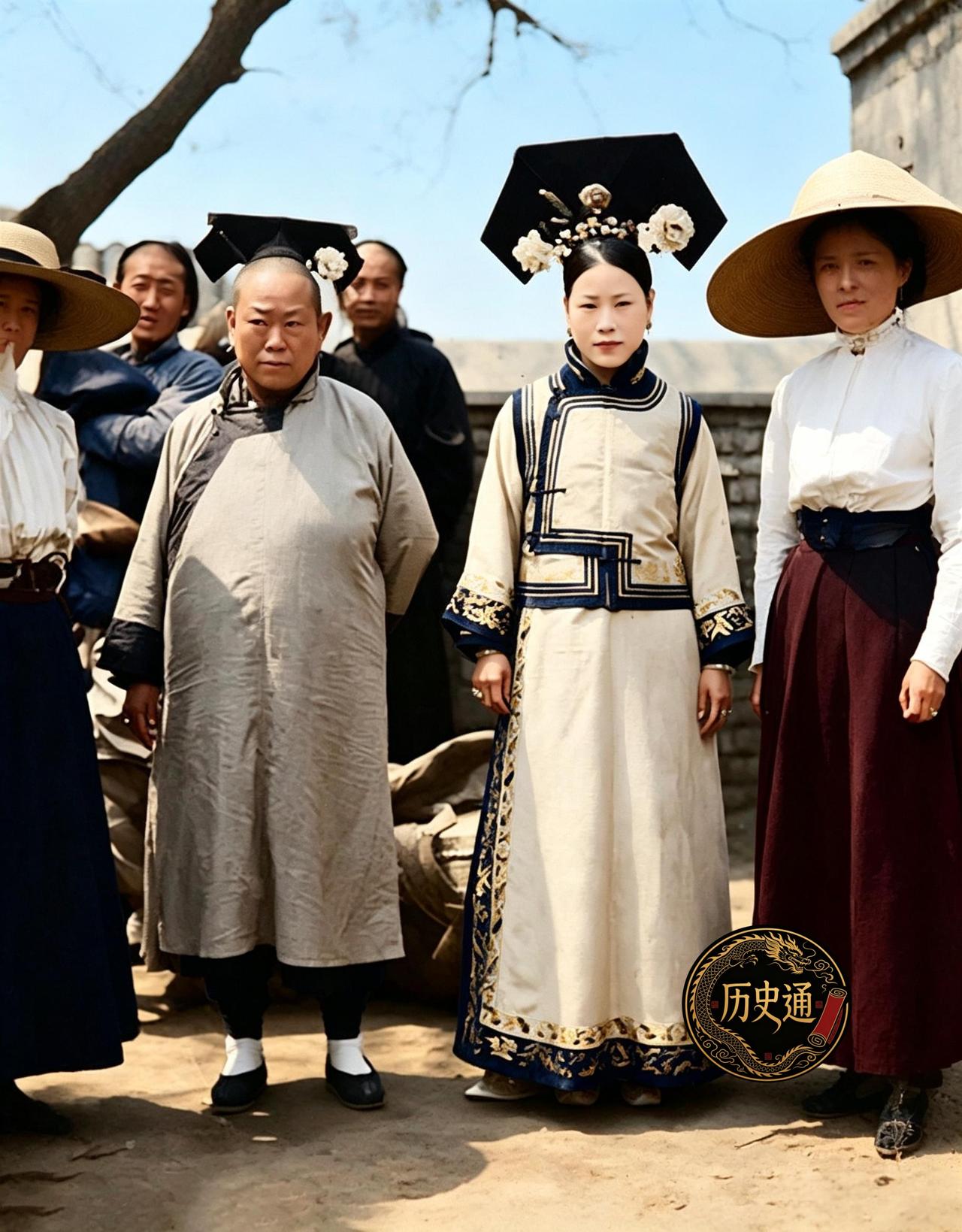 这是外国妇人与盛装的旗人姑娘比美。中间这位旗人姑娘身形修长，乌压压的达拉翅压在发