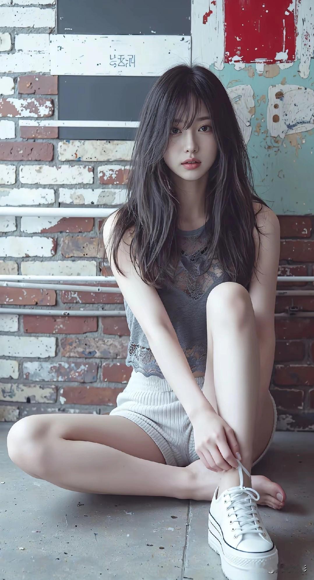 光之影都市少女风，复古砖墙背景，黑白穿搭，清新自然黑白色调穿搭黑白穿搭风