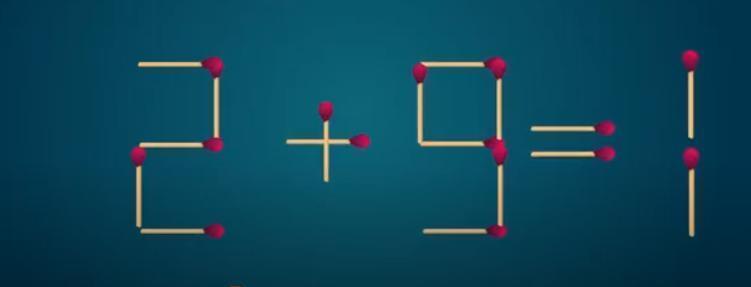 这是一道充满趣味的火柴棒谜题。图中由火柴棒组成的等式“2+9=1”并